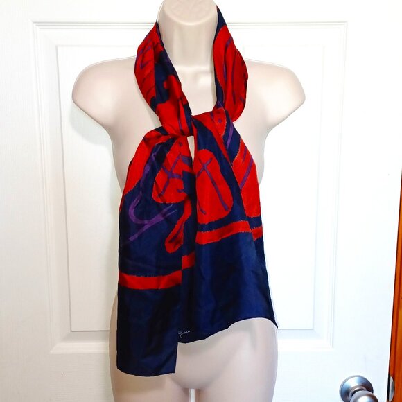 Vintage 100% Silk Scarf Karla Jordan Blue and Red Rectangle Scarf 52" - Picture 1 of 13